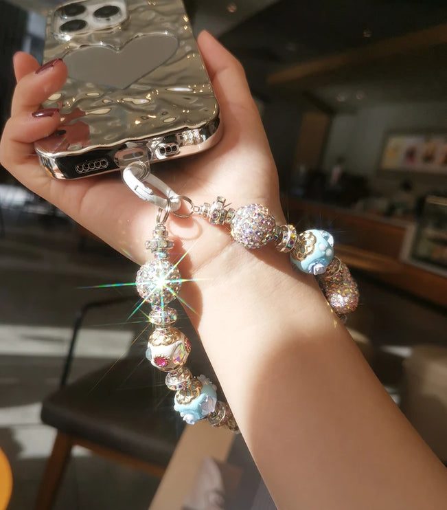 Luxurious Rhinestone Beaded Phone Wrist Strap - Sparkling Heart & Ball Chain