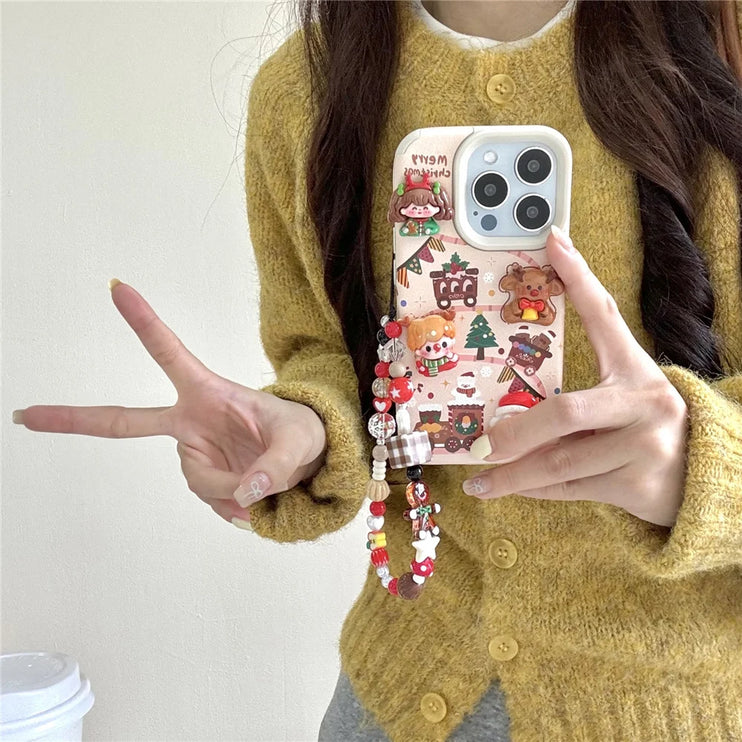 Cute Cartoon Christmas Santa Elk Charm Wristlet Strap Phone Case Cover for iPhone