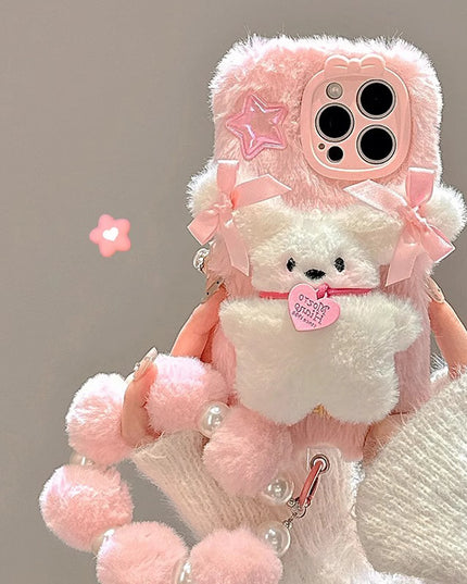 Cute Adorable Soft Pink 3D Plush Bear Wristlet Strap Phone Case Cover for iPhone