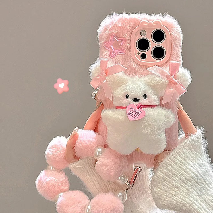 Cute Adorable Soft Pink 3D Plush Bear Wristlet Strap Phone Case Cover for iPhone