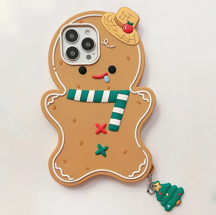 Cute Fun 3D Gingerbread Man Phone Case Cover with Christmas Charm for iPhone