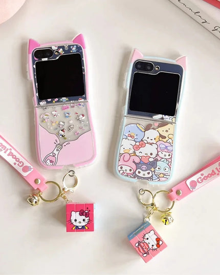 Cute Fun Sanrio Melody Hello Kitty Kuromi Rubik's Cube Charm Wristlet Strap Phone Case Cover for Samsung Z Flip