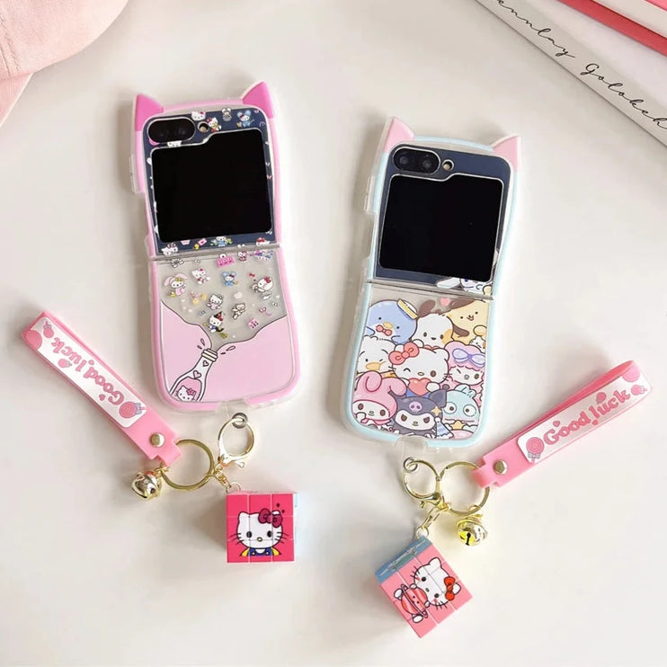 Cute Fun Sanrio Melody Hello Kitty Kuromi Rubik's Cube Charm Wristlet Strap Phone Case Cover for Samsung Z Flip