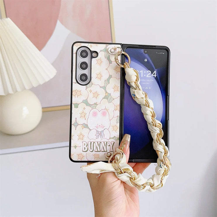 Cute Bear PU Leather Handbag Style Phone Case with Scarf & Chain Wrist Strap for Samsung Z Fold Series