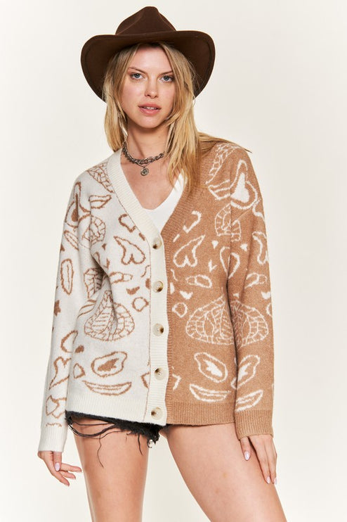 Oversized Heart Paisley Button-Down Sweater Cardigan with Color Block