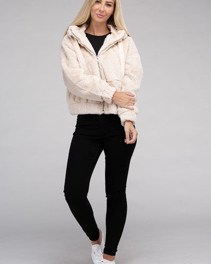 Plush Cropped Teddy Hoodie with Zip-Up Front and Drawstring Hood