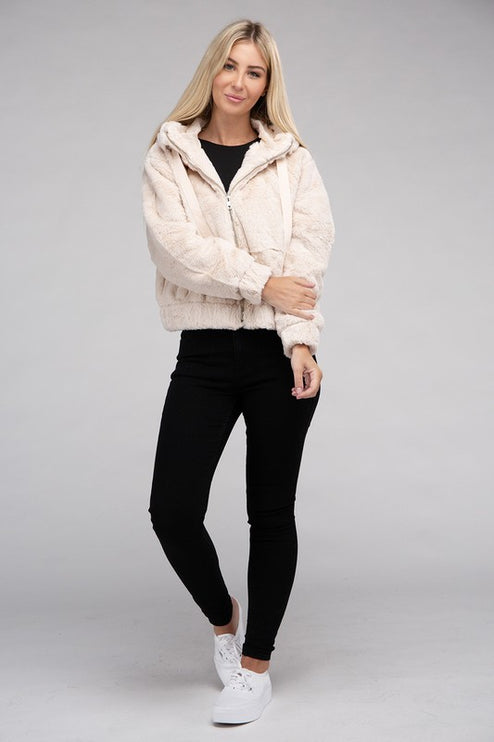 Plush Cropped Teddy Hoodie with Zip-Up Front and Drawstring Hood