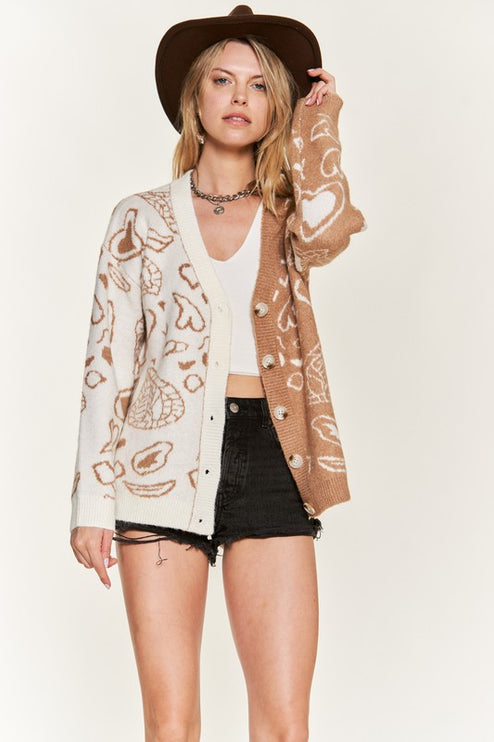 Oversized Heart Paisley Button-Down Sweater Cardigan with Color Block