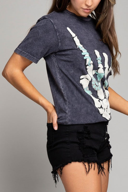 Skeleton Rock Hand Sign Graphic Tee T-Shirt