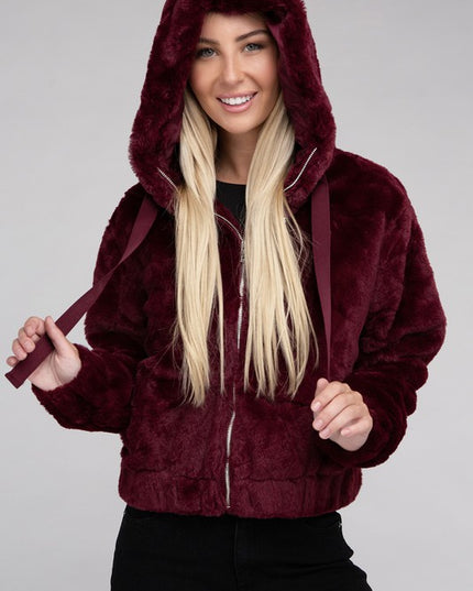 Plush Cropped Teddy Hoodie with Zip-Up Front and Drawstring Hood