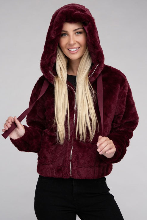 Plush Cropped Teddy Hoodie with Zip-Up Front and Drawstring Hood