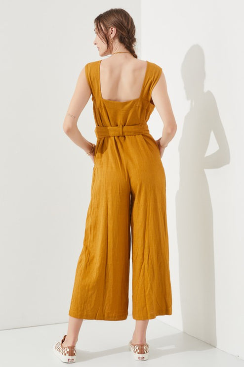 Linen Blend Jumpsuit with Belt and Multiple Pockets