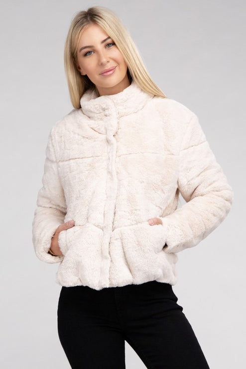 Fluffy Zip-Up Sweater Jacket with Collar and Pockets