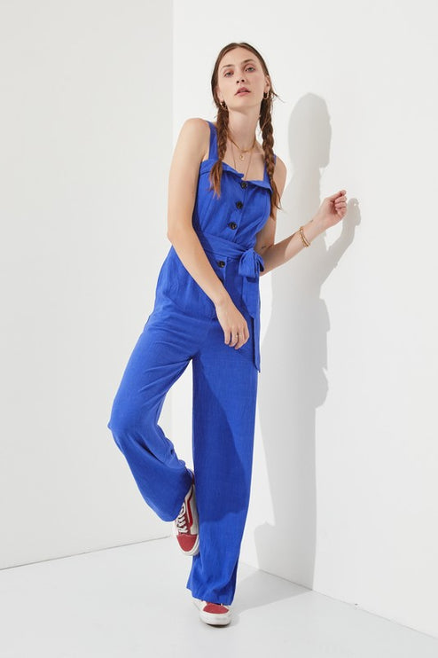 Linen Blend Belted Jumpsuit with Square Neck