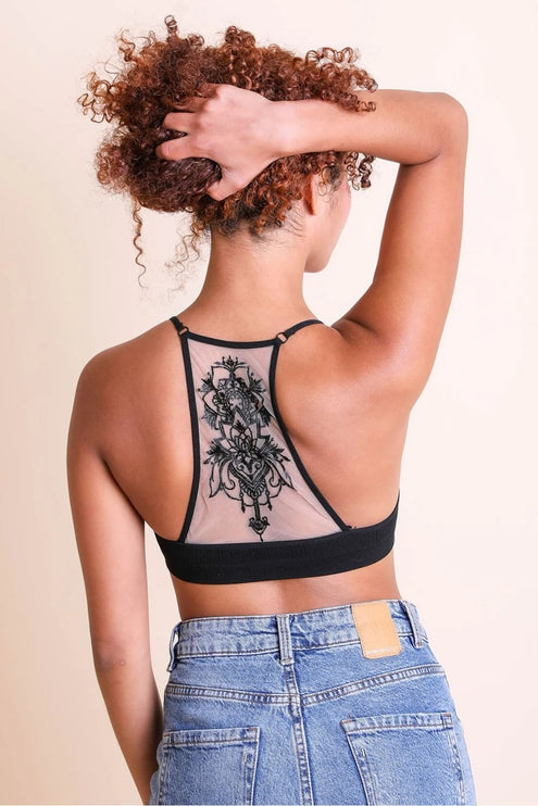 Stylish Tattoo Mesh Design Top Racerback Bralette