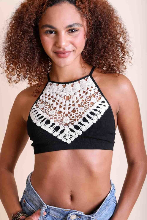 Crochet Lace High Neck Sleeveless Top Bralette