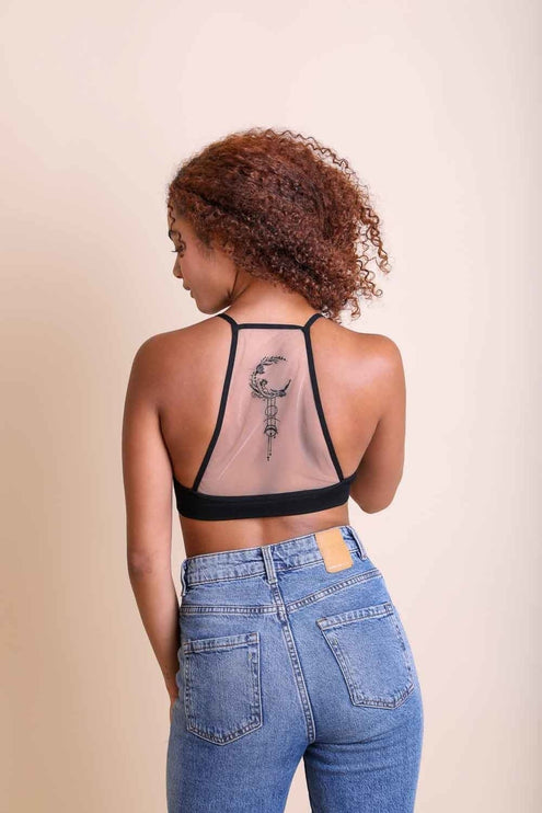 Beautiful Crescent Moon Dream Catcher Tattoo Design Mesh Top Bralette