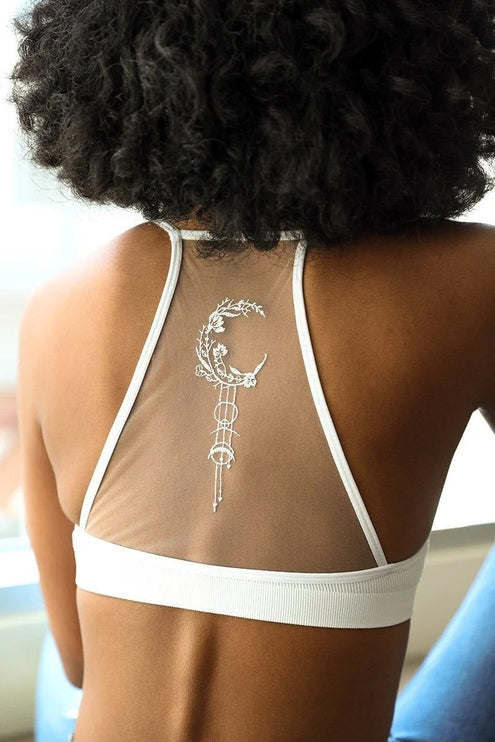 Beautiful Crescent Moon Dream Catcher Tattoo Design Mesh Top Bralette