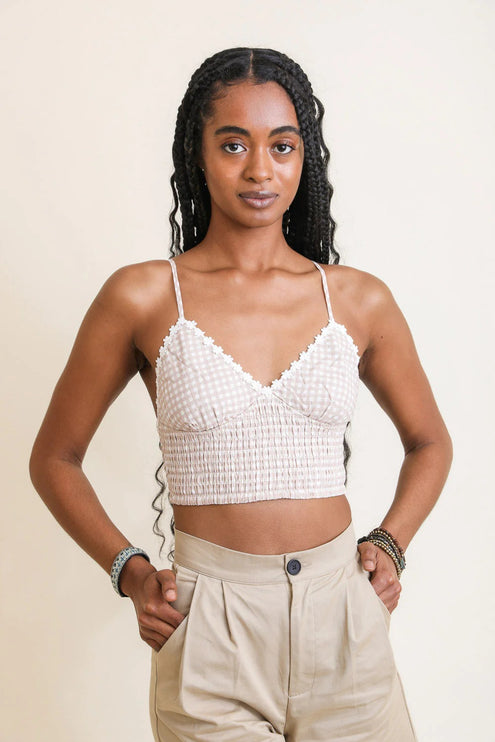 Soft Comfy V Neck Gingham Smocked Cropped Bralette