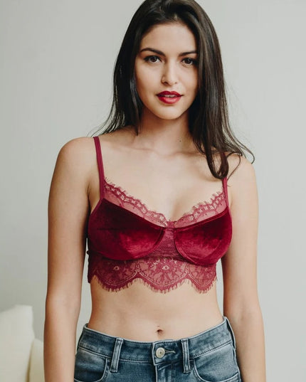 Velvet Lace Trim Half Cami with Scoop Neckline and Cropped Fit