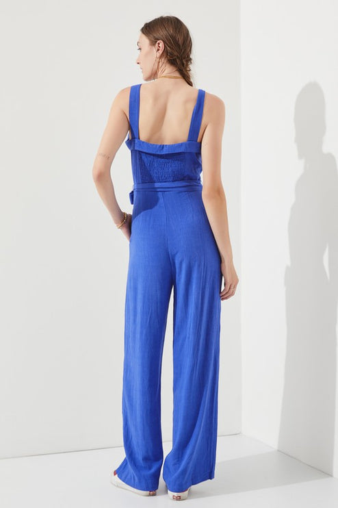 Linen Blend Belted Jumpsuit with Square Neck