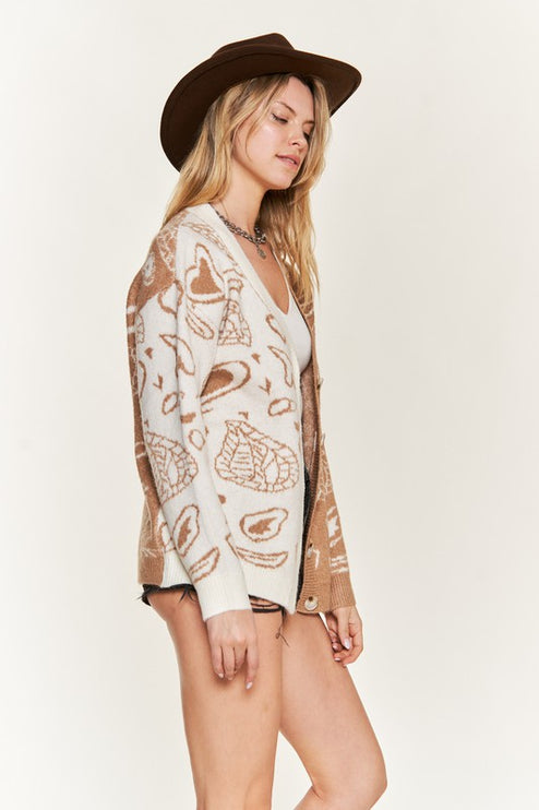 Oversized Heart Paisley Button-Down Sweater Cardigan with Color Block