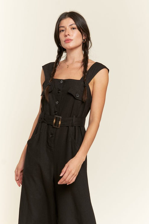 Linen Blend Jumpsuit with Belt and Multiple Pockets