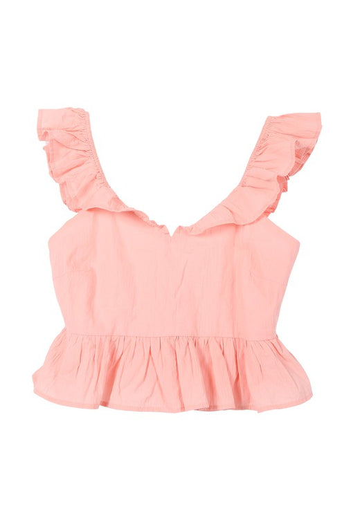 Cute Stylish Open Back Tie Ruffled Trim Flare Fashion Top Pink