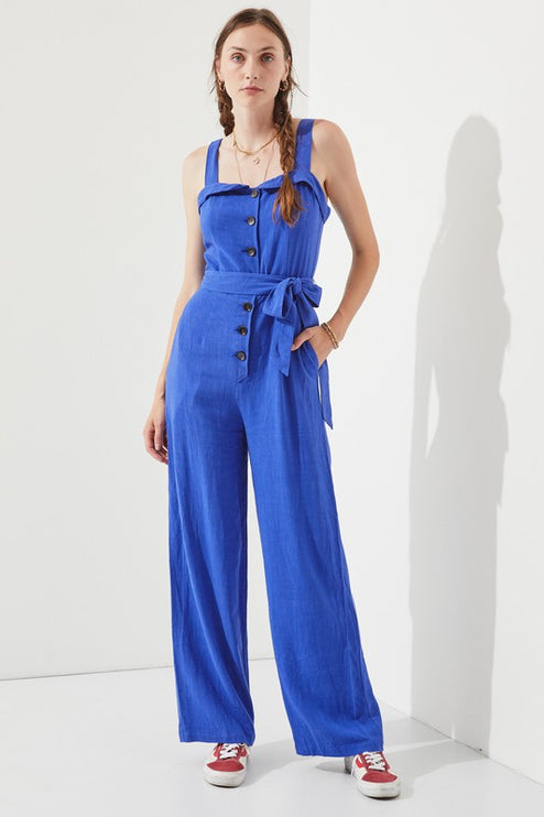 Linen Blend Belted Jumpsuit with Square Neck