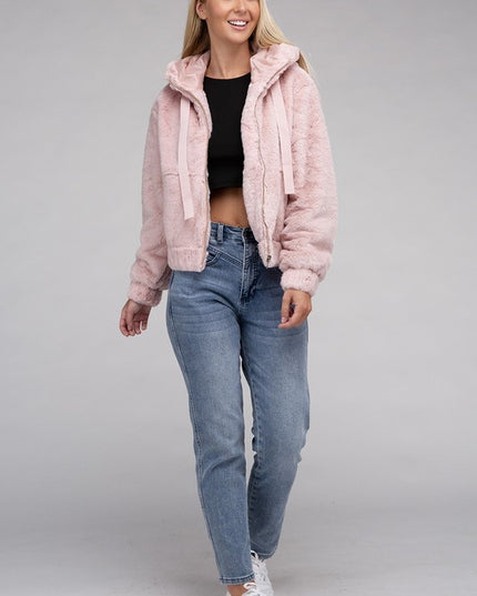 Plush Cropped Teddy Hoodie with Zip-Up Front and Drawstring Hood