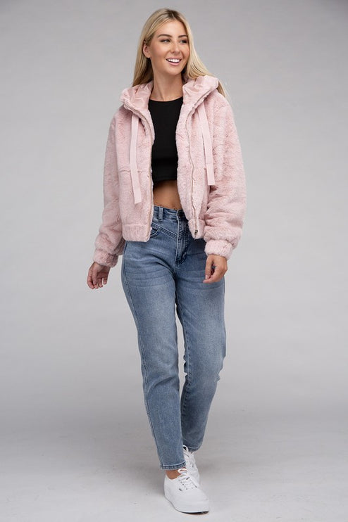 Plush Cropped Teddy Hoodie with Zip-Up Front and Drawstring Hood