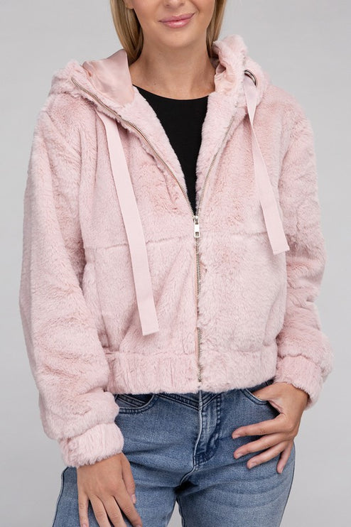 Plush Cropped Teddy Hoodie with Zip-Up Front and Drawstring Hood