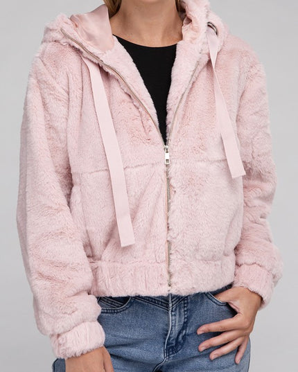 Plush Cropped Teddy Hoodie with Zip-Up Front and Drawstring Hood