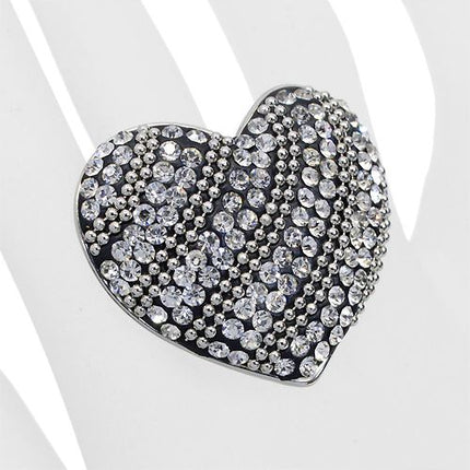 Duo Tone Crystal Pave Heart Stretch Ring Antique Silver - Accessoriesforever