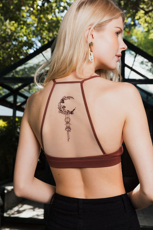 Beautiful Crescent Moon Dream Catcher Tattoo Design Mesh Top Bralette