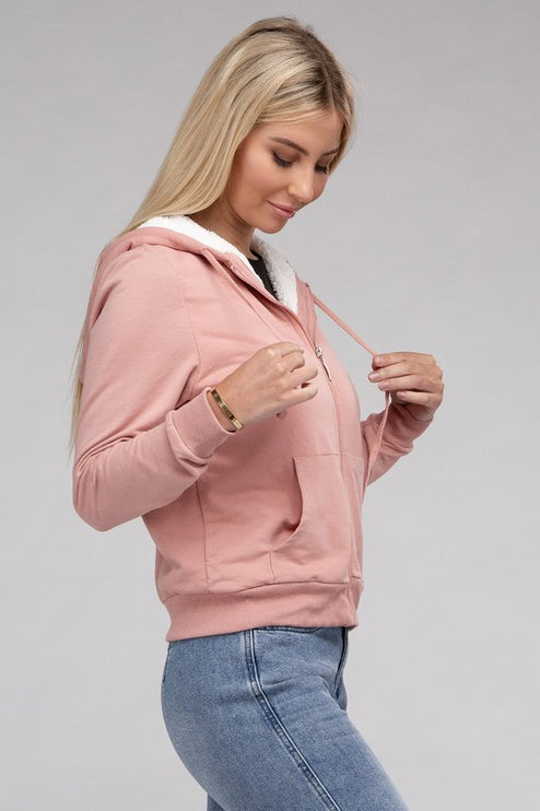 Cropped Fuzzy-Lined Zip-Up Hoodie with Long Sleeves