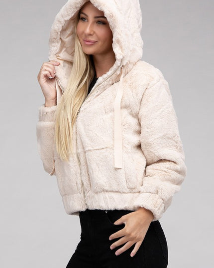 Plush Cropped Teddy Hoodie with Zip-Up Front and Drawstring Hood