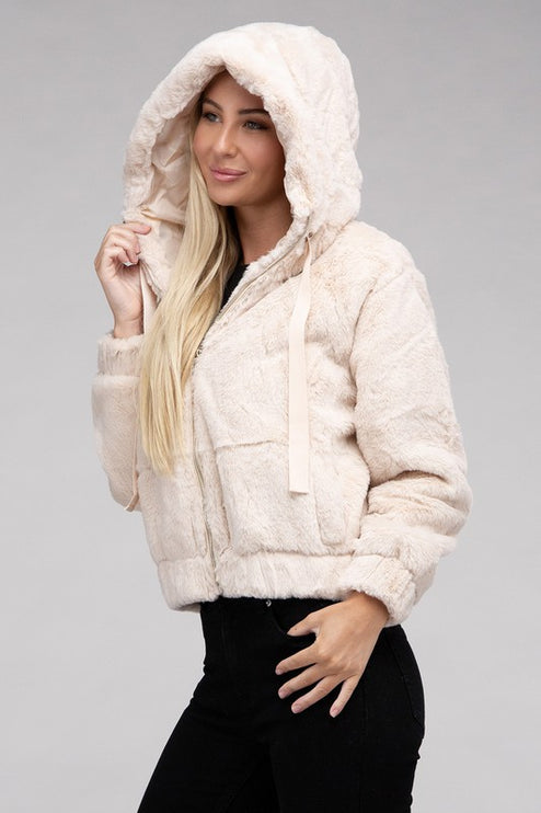 Plush Cropped Teddy Hoodie with Zip-Up Front and Drawstring Hood