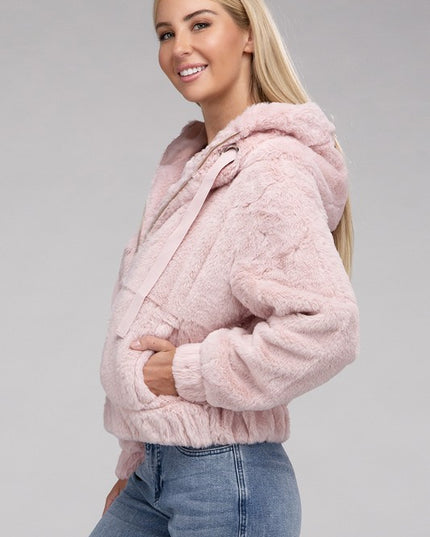 Plush Cropped Teddy Hoodie with Zip-Up Front and Drawstring Hood