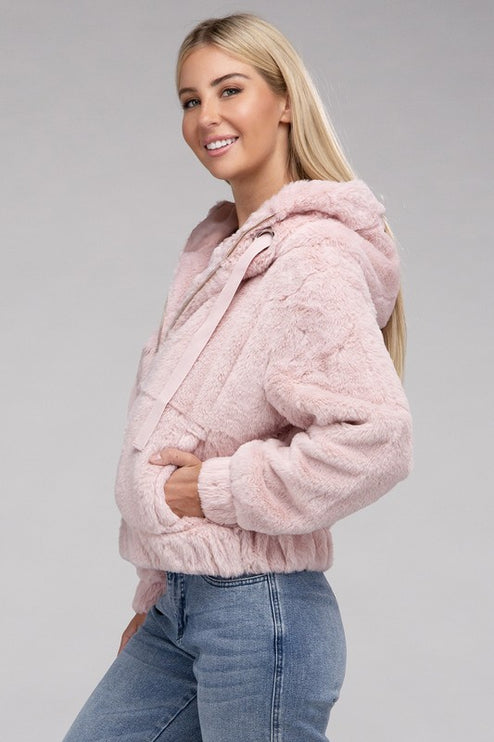 Plush Cropped Teddy Hoodie with Zip-Up Front and Drawstring Hood