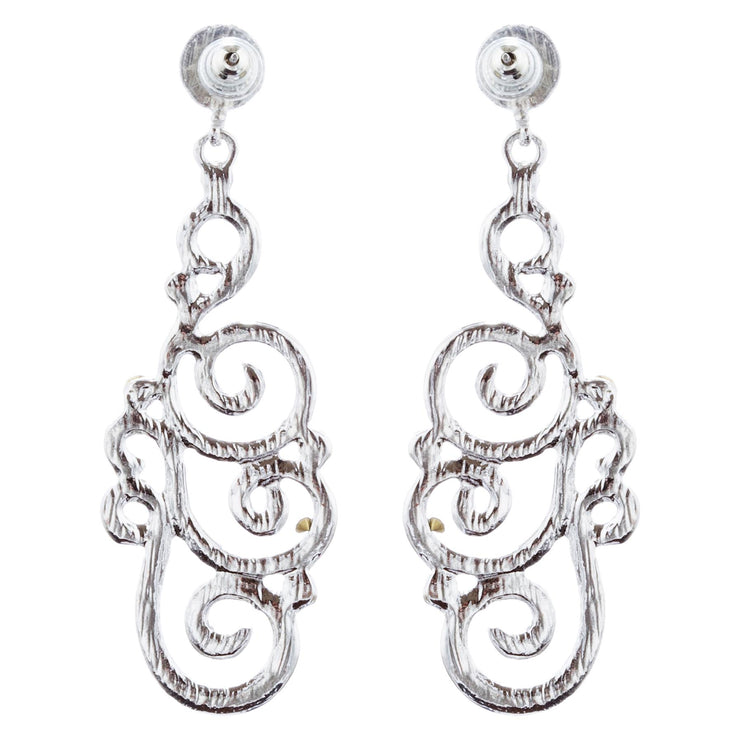 Bridal Wedding Crystal Rhinestone Swirl Vintage Dangle Earrings Silver