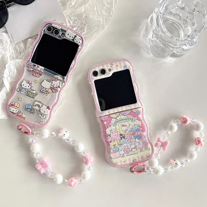 Cute Sanrio Hello Kitty Beaded Charms Wristlet Strap Phone Case Cover for Samsung Z Flip