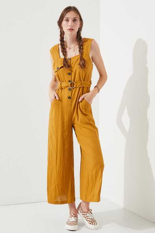 Linen Blend Jumpsuit with Belt and Multiple Pockets