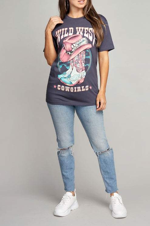 Wild West Cowgirls Pink Hat & Boot Graphic Tee T-Shirt