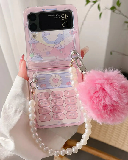 Cute Fluffy Pom Pom Pearl Beaded Wristlet Strap Phone Case Cover for Samsung Z Flip