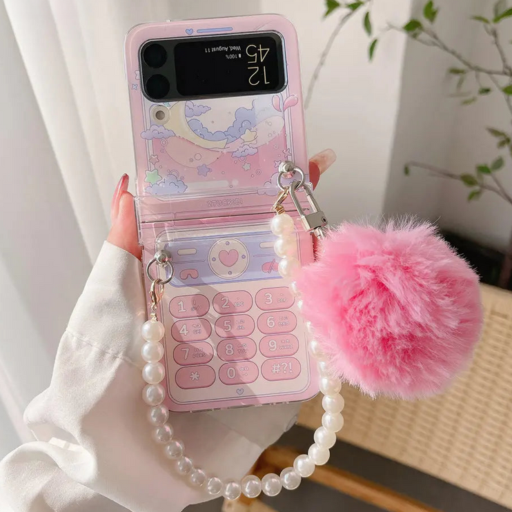 Cute Fluffy Pom Pom Pearl Beaded Wristlet Strap Phone Case Cover for Samsung Z Flip