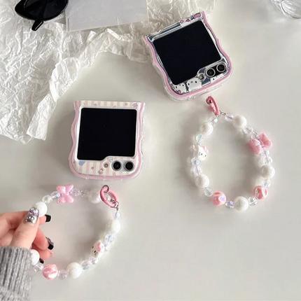 Cute Sanrio Hello Kitty Beaded Charms Wristlet Strap Phone Case Cover for Samsung Z Flip