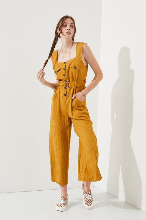 Linen Blend Jumpsuit with Belt and Multiple Pockets