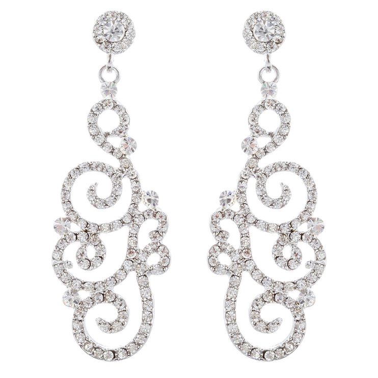 Bridal Wedding Crystal Rhinestone Swirl Vintage Dangle Earrings Silver