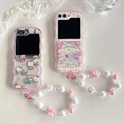 Cute Sanrio Hello Kitty Beaded Charms Wristlet Strap Phone Case Cover for Samsung Z Flip